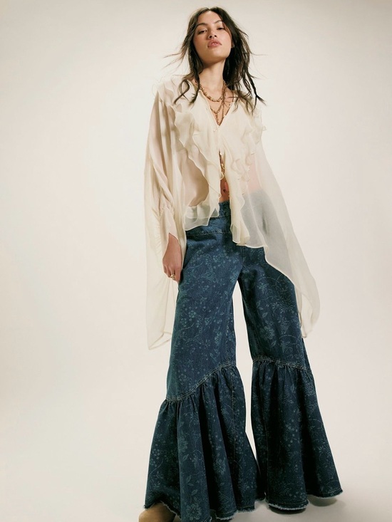 We The Free Pants - We The Free Cream Sheer Ruffle Blouse with Blue Patterned Flared Jeans
